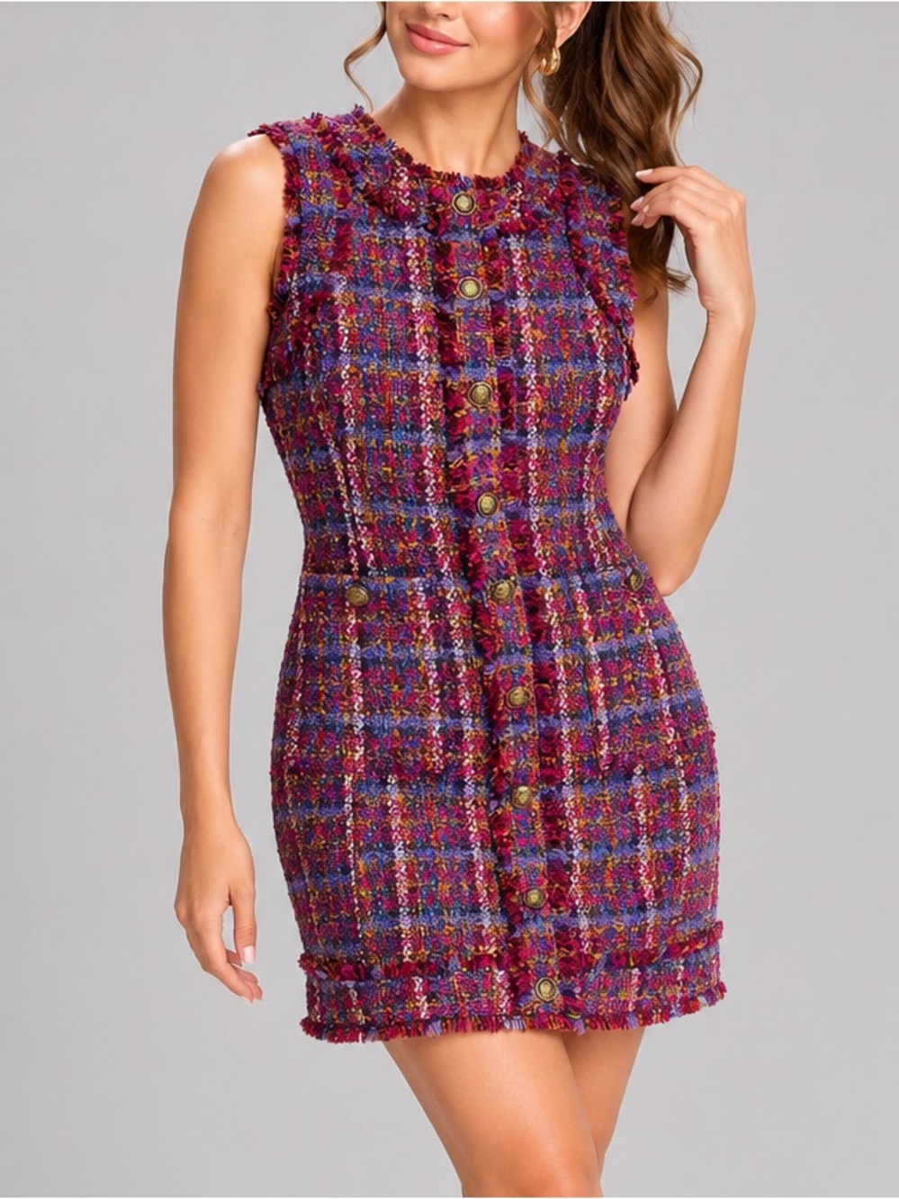 🆕💗💜AQUA Multicolor Tweed Plaid Sleeveless Mini Dress Gold Buttons Size S